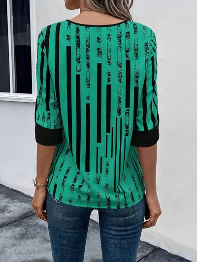 Striped Notched Half Sleeve Blouse - Flyclothing LLC