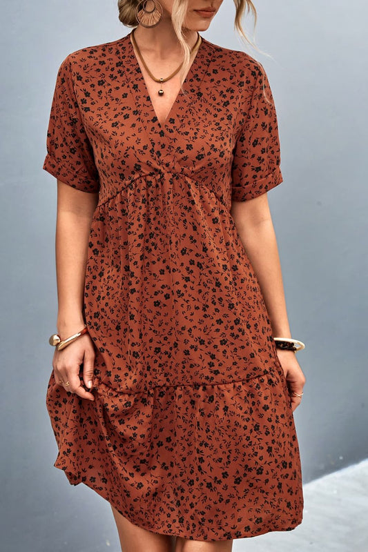 Ditsy Floral Empire Waist Plunge Short Sleeve Dress - Flyclothing LLC