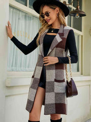 Plaid Lapel Collar Sleeveless Cardigan - Flyclothing LLC