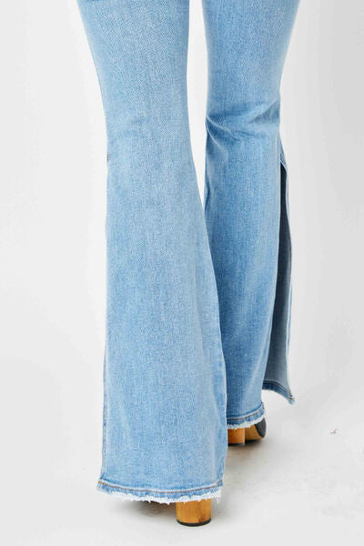 Judy Blue Full Size Mid Rise Raw Hem Slit Flare Jeans - Flyclothing LLC