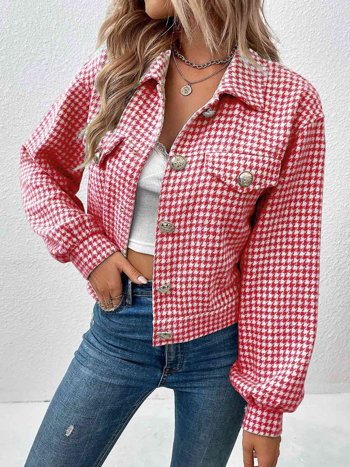 Houndstooth Collared Neck Button Up Jacket - Flyclothing LLC