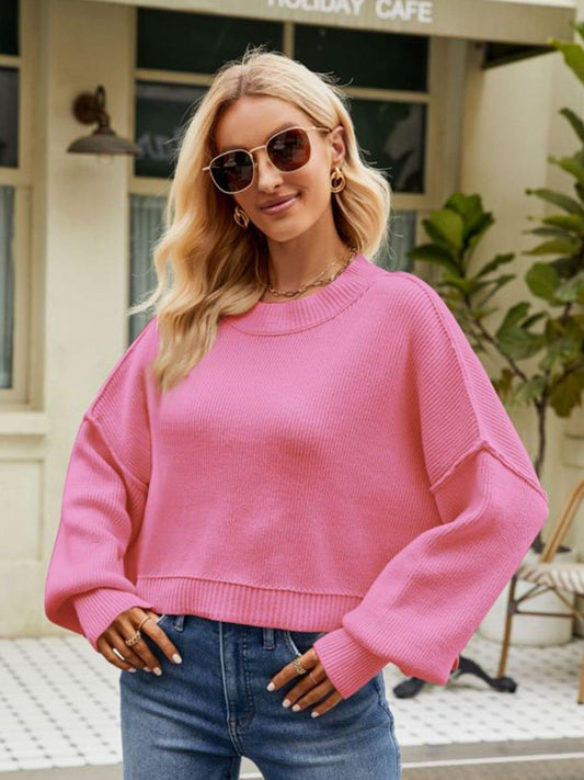 Round Neck Dropped Shoulder Sweater - Flyclothing LLC