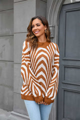 Printed Round Neck Long Sleeve Pullover Sweater - Flyclothing LLC