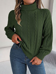 Cable-Knit Turtleneck Dropped Shoulder Sweater - Flyclothing LLC