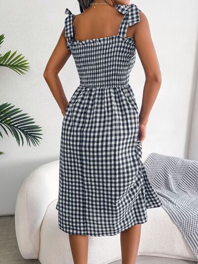 Frill Plaid Square Neck Midi Dress - Flyclothing LLC