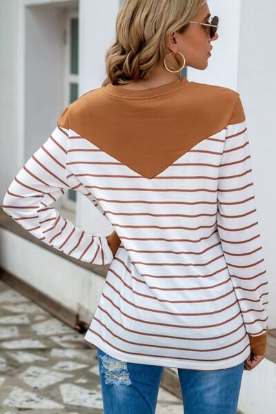 Striped Round Neck Long Sleeve T-Shirt - Flyclothing LLC