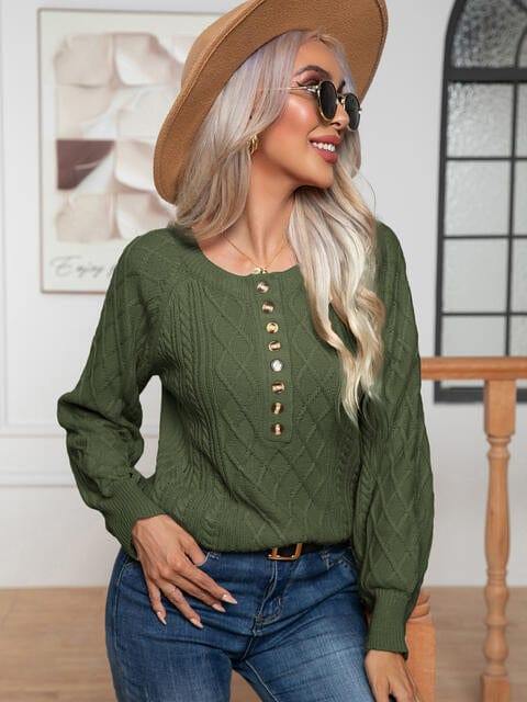 Cable-Knit Round Neck Buttoned Sweater - Trendsi