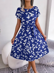 Printed Round Neck Short Sleeve Pleated Dress - Flyclothing LLC