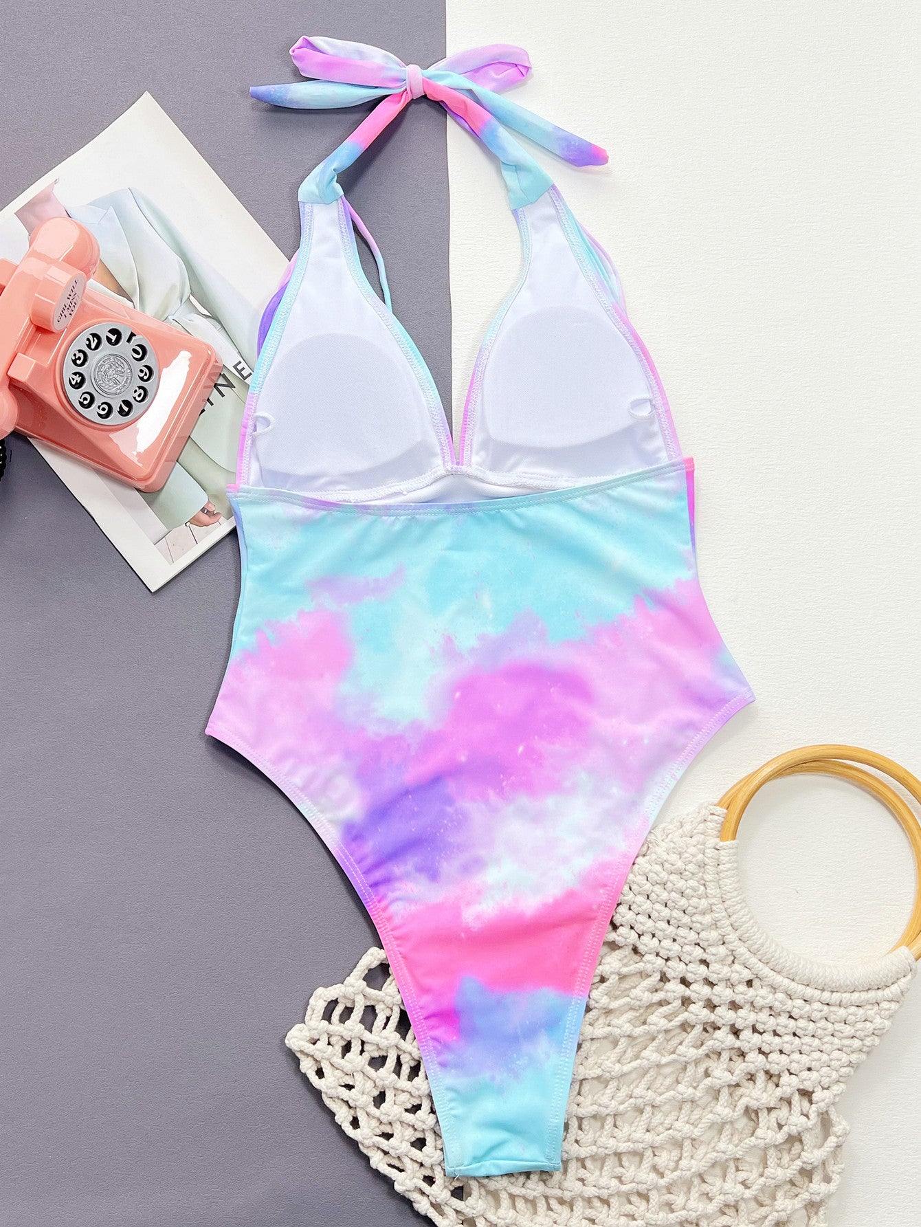 Tie-Dye Halter Neck One-Piece Swimsuit - Flyclothing LLC