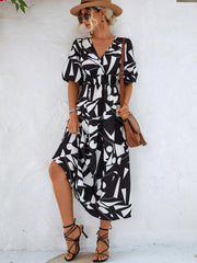 Printed Surplice Balloon Sleeve Dress - Flyclothing LLC