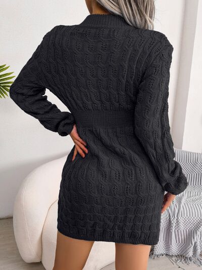 Cable-Knit Round Neck Mini Wrap Sweater Dress - Flyclothing LLC