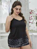 Plus Size Lace Trim Scoop Neck Cami and Printed Shorts Pajama Set - Flyclothing LLC