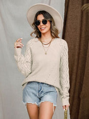 Openwork Round Neck Raglan Sleeve Sweater - Flyclothing LLC