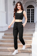 Waffle-Knit Cropped Tank and Drawstring Pants Set - Flyclothing LLC