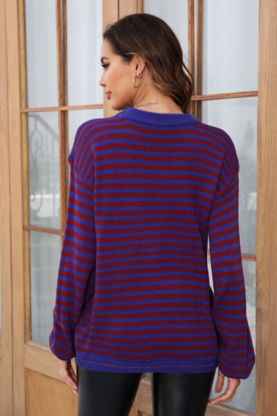 Striped Round Neck Dropped Shoulder Sweater - Flyclothing LLC