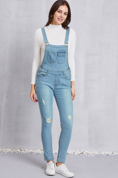 Distressed Washed Denim Overalls with Pockets - Flyclothing LLC