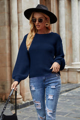 Round Neck Lantern Sleeve Sweater - Flyclothing LLC