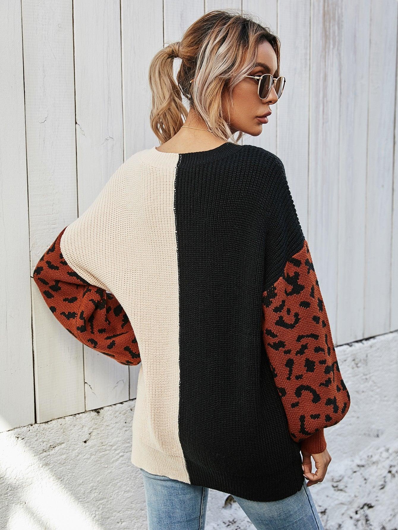 Leopard Color Block V-Neck Tunic Pullover Sweater - Flyclothing LLC