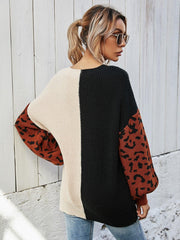 Leopard Color Block V-Neck Tunic Pullover Sweater - Flyclothing LLC