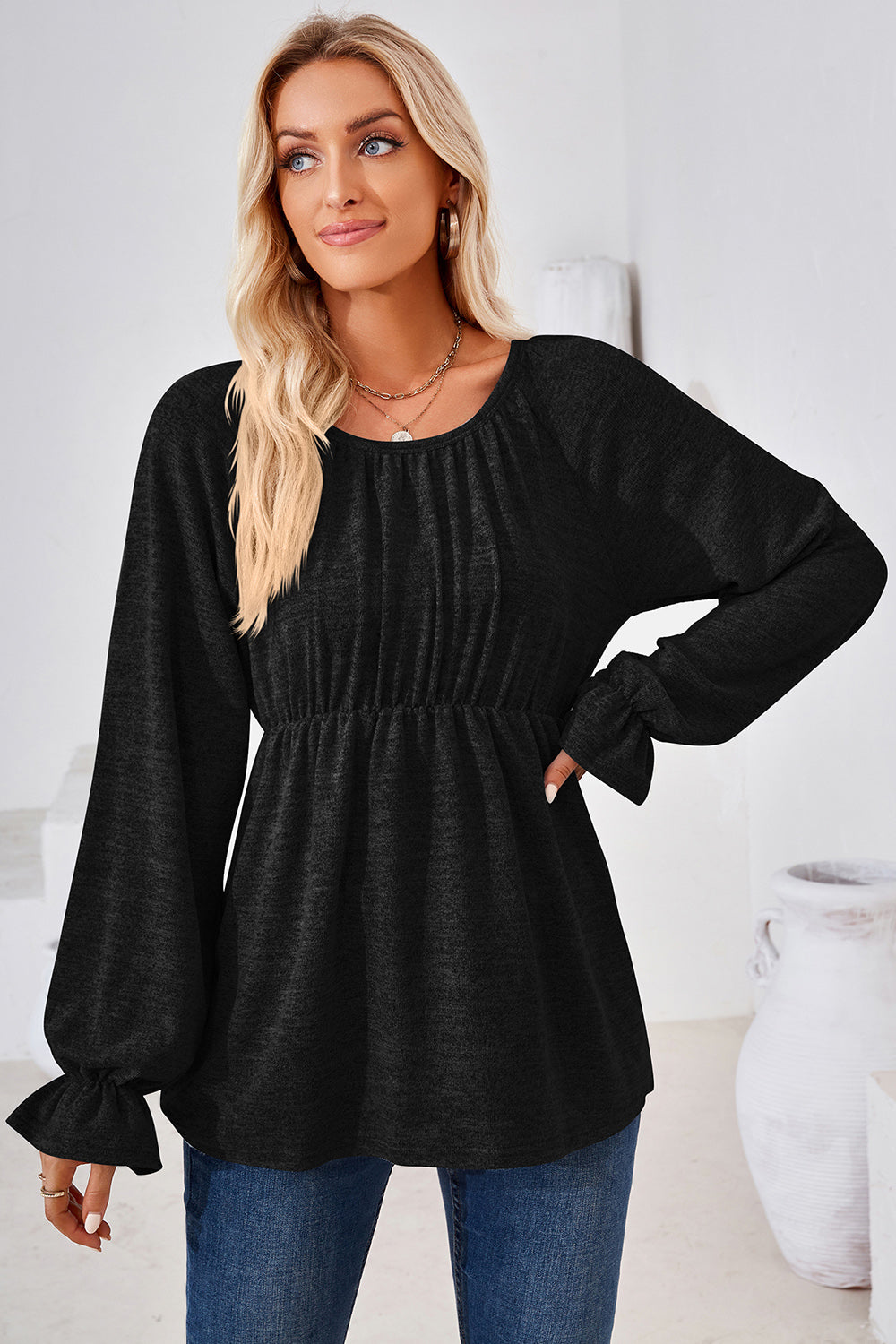 Ruched Round Neck Flounce Sleeve Blouse - Flyclothing LLC