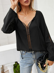 Tie Neck Long Sleeve Semi-Sheer Blouse - Flyclothing LLC