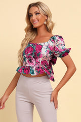 Floral Tied Cropped Peplum Blouse - Flyclothing LLC