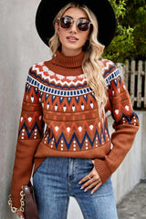 Chevron Turtleneck Ribbed Trim Sweater - Trendsi