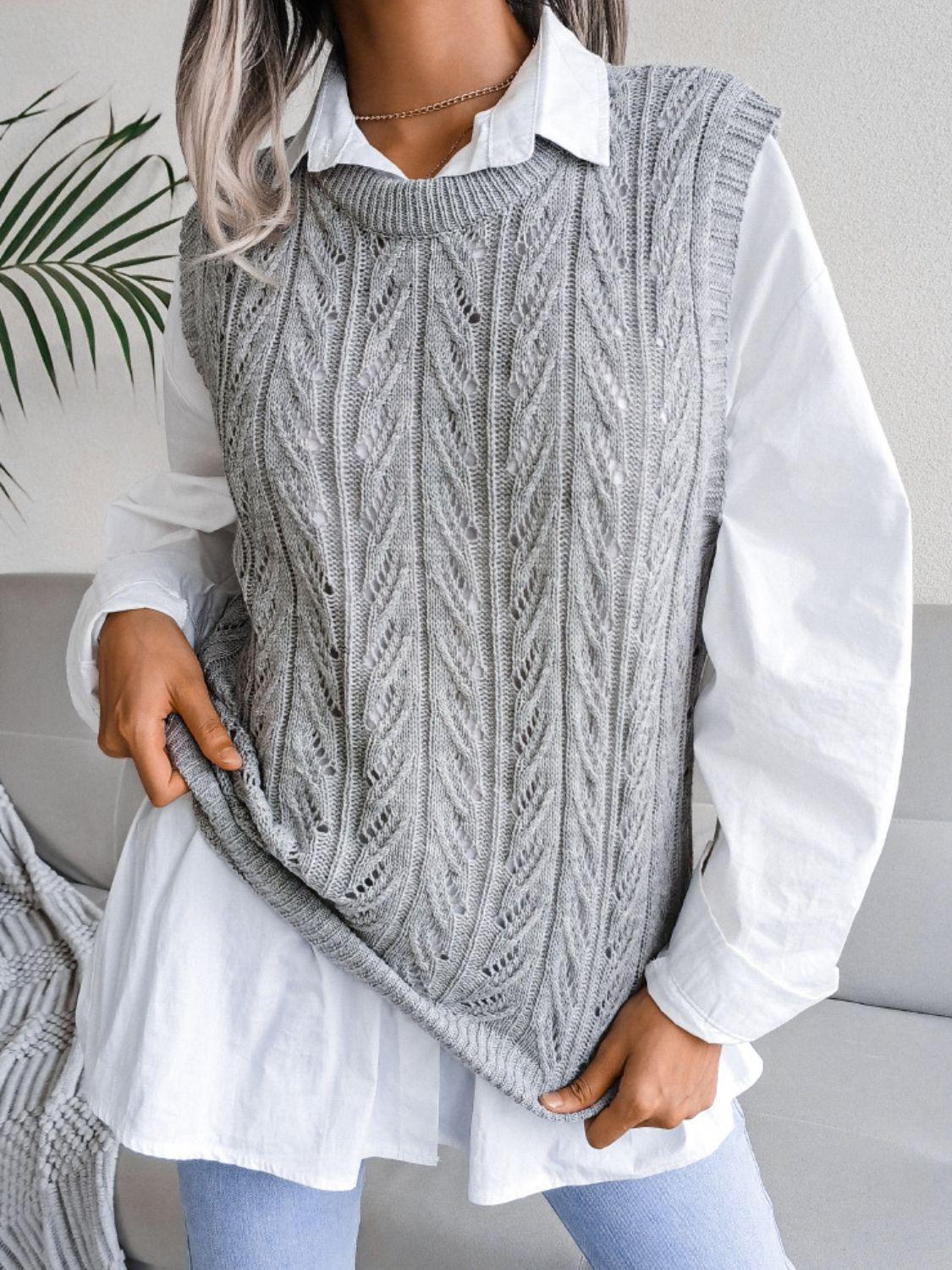 Round Neck Openwork Capped Sleeve Sweater Vest - Flyclothing LLC