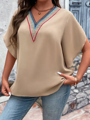 Plus Size V-Neck Flutter Sleeve Blouse - Flyclothing LLC