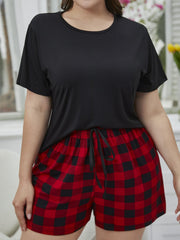 Plus Size Round Neck Tee Shirt and Plaid Shorts Lounge Set - Flyclothing LLC