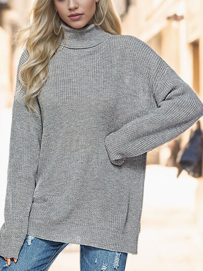 Turtleneck Drop Shoulder Long Sleeve Sweater - Flyclothing LLC