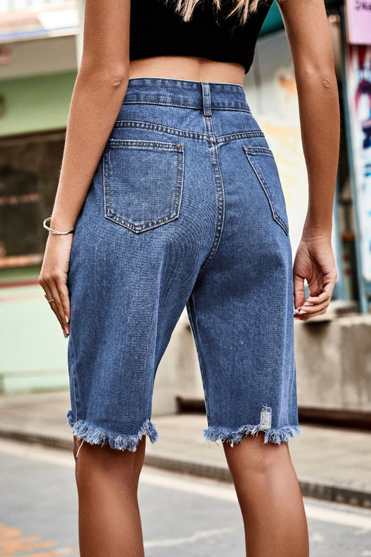 Raw Hem High Waist Denim Shorts with Pockets - Flyclothing LLC