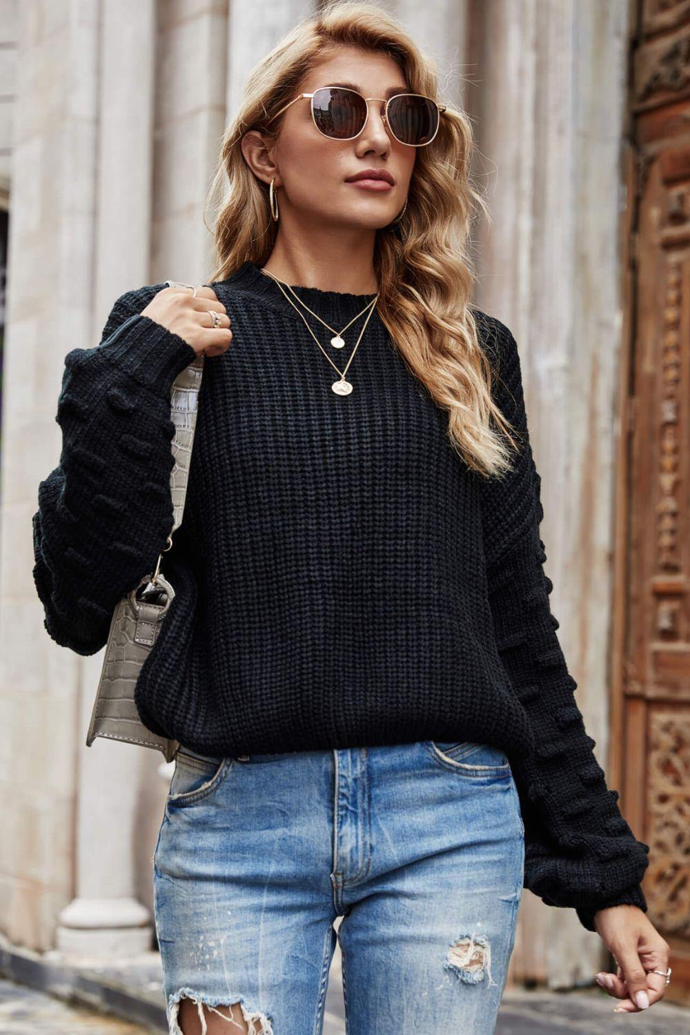 Weekend Style Rib-Knit Dropped Shoulder Sweater - Flyclothing LLC