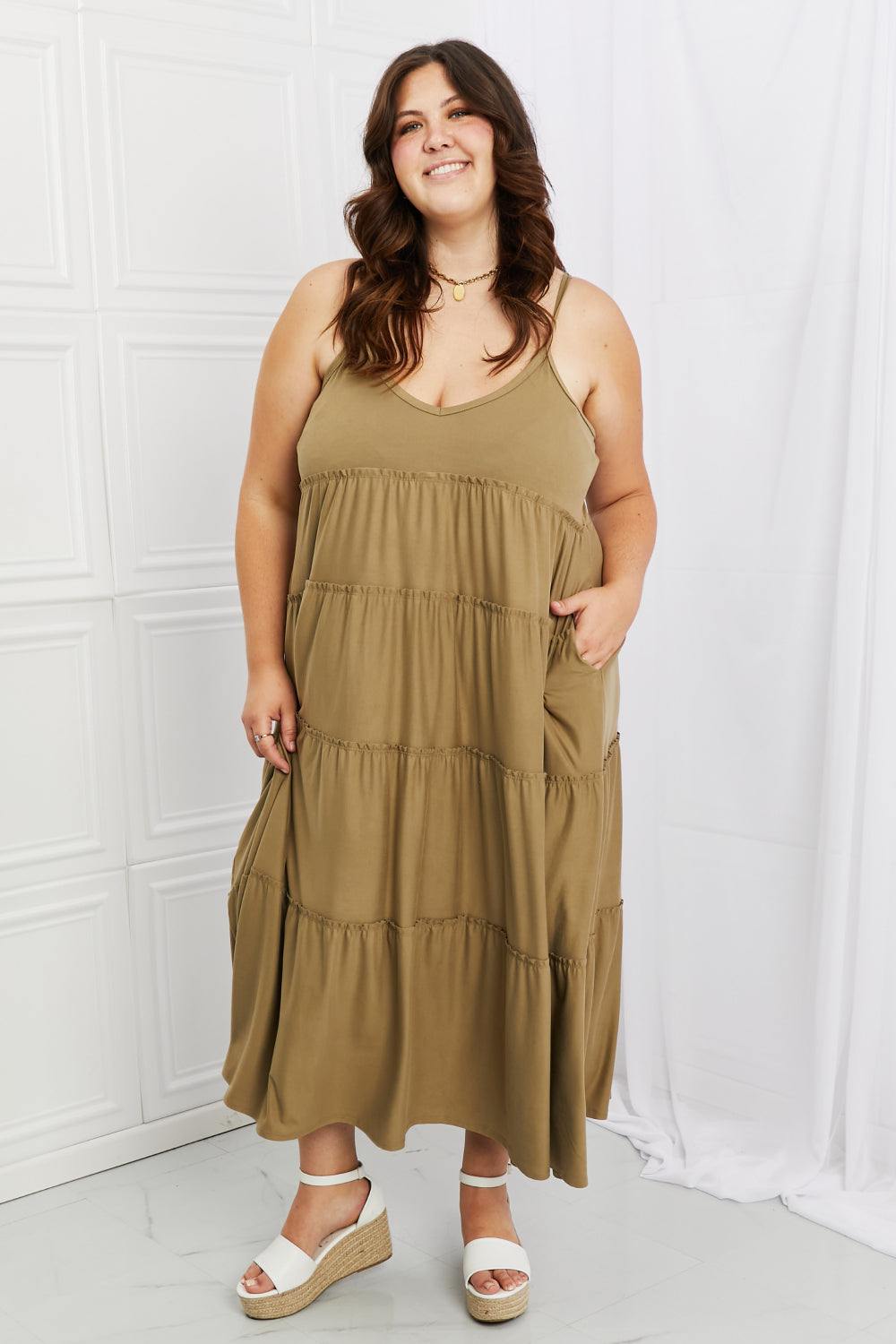 Zenana Full Size Spaghetti Strap Tiered Dress with Pockets in Khaki - Flyclothing LLC