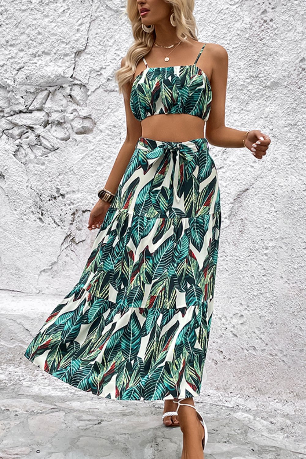 Botanical Print Cami and Tiered Skirt Set - Flyclothing LLC