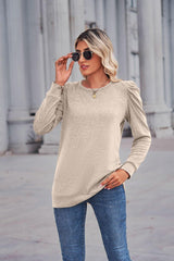 Heathered Puff Sleeve Round Neck Tunic Top - Trendsi