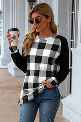 Plaid Round Neck Long Sleeve T-Shirt - Flyclothing LLC