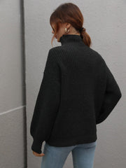 High Neck Balloon Sleeve Rib-Knit Pullover Sweater - Flyclothing LLC