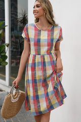 Plaid Round Neck Cap Sleeve Dress - Flyclothing LLC