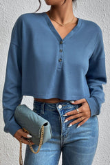 Cropped V-Neck Raglan Sleeve Buttoned Blouse - Flyclothing LLC