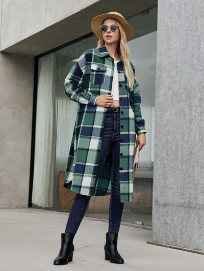 Plaid Pocketed Button Up Trench Coat - Flyclothing LLC