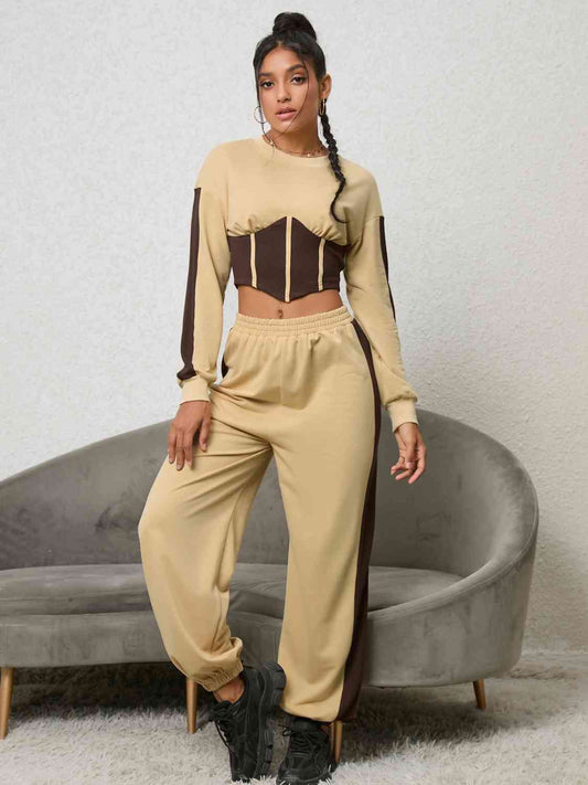 Contrast Sweatshirt and Sweatpants Set - Flyclothing LLC