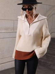 Color Block Half-Zip Dropped Shoulder Knit Pullover - Trendsi