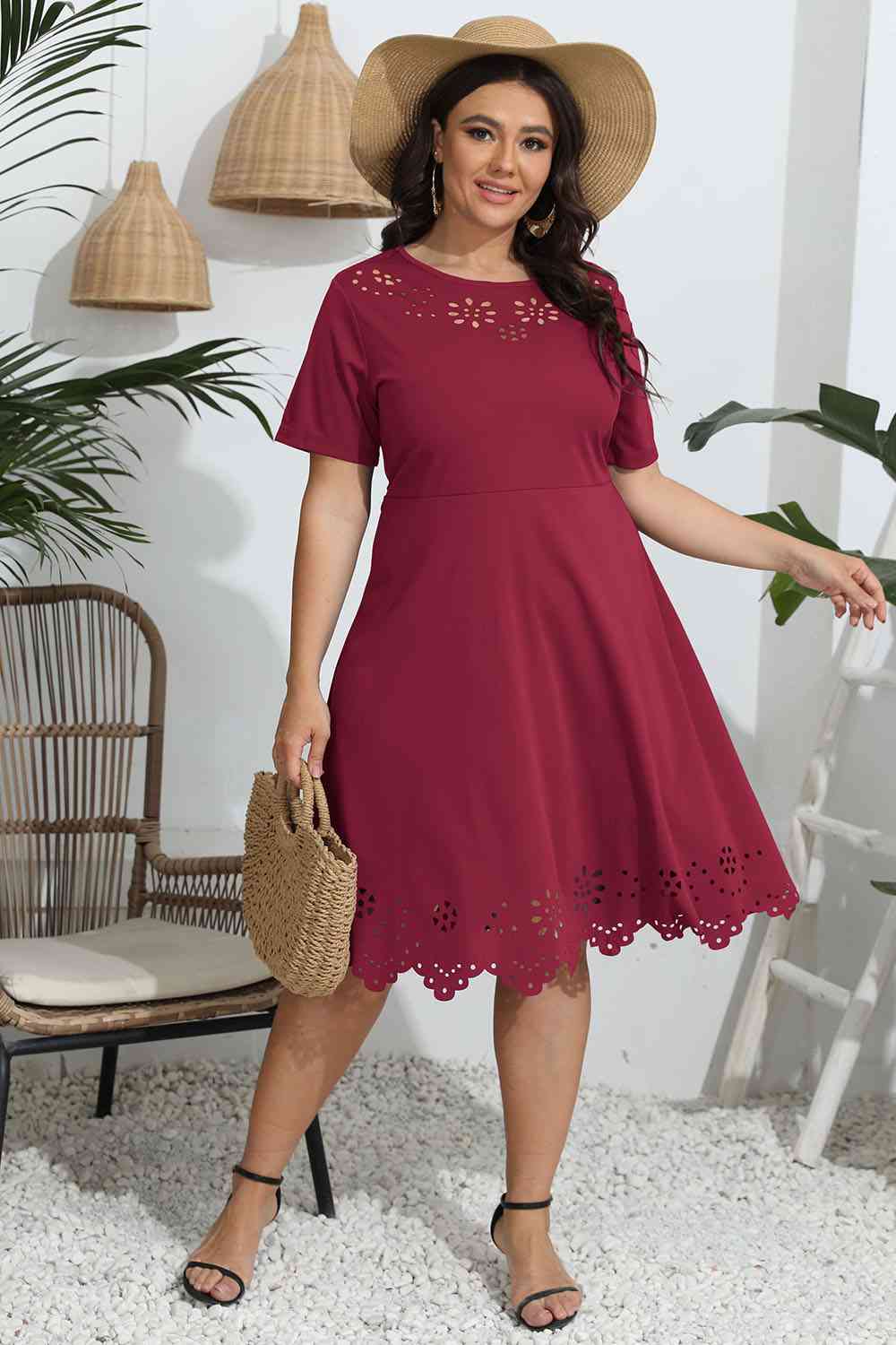 Plus Size Round Neck Openwork Dress - Flyclothing LLC