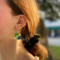 Square Glass Dangle Earrings, Blue Green Waves - Tili Glass - Flyclothing LLC