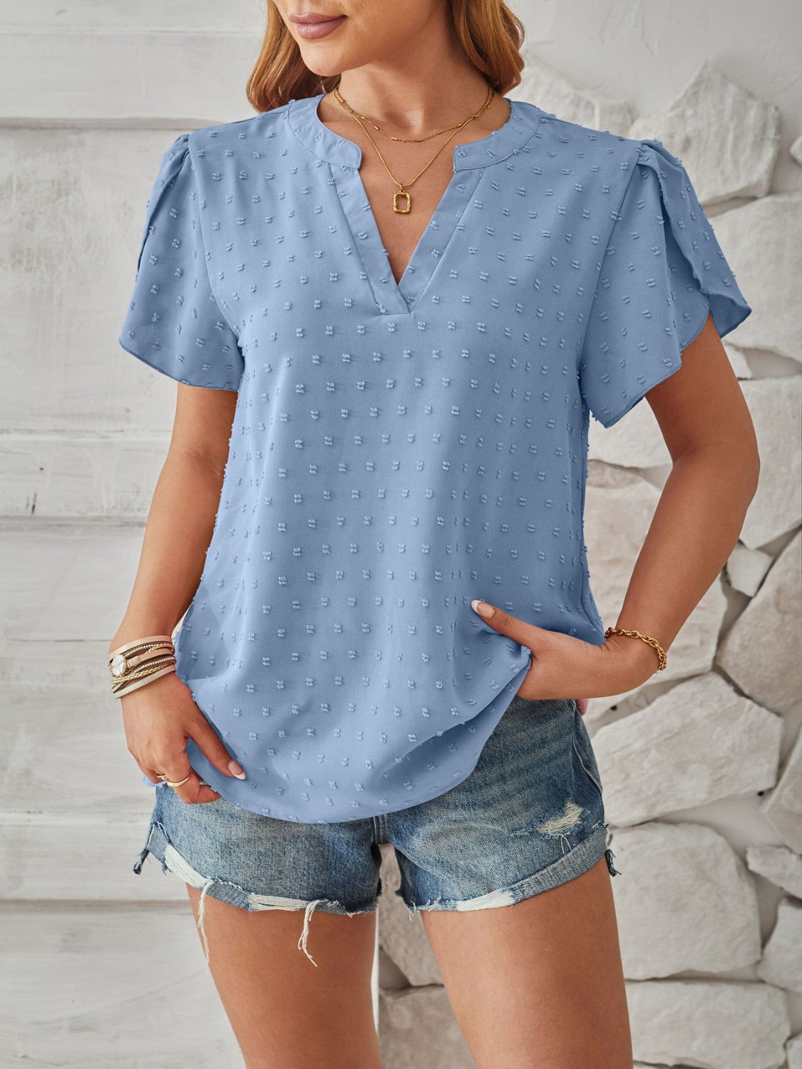 Swiss Dot Notched Petal Sleeve T-Shirt - Flyclothing LLC