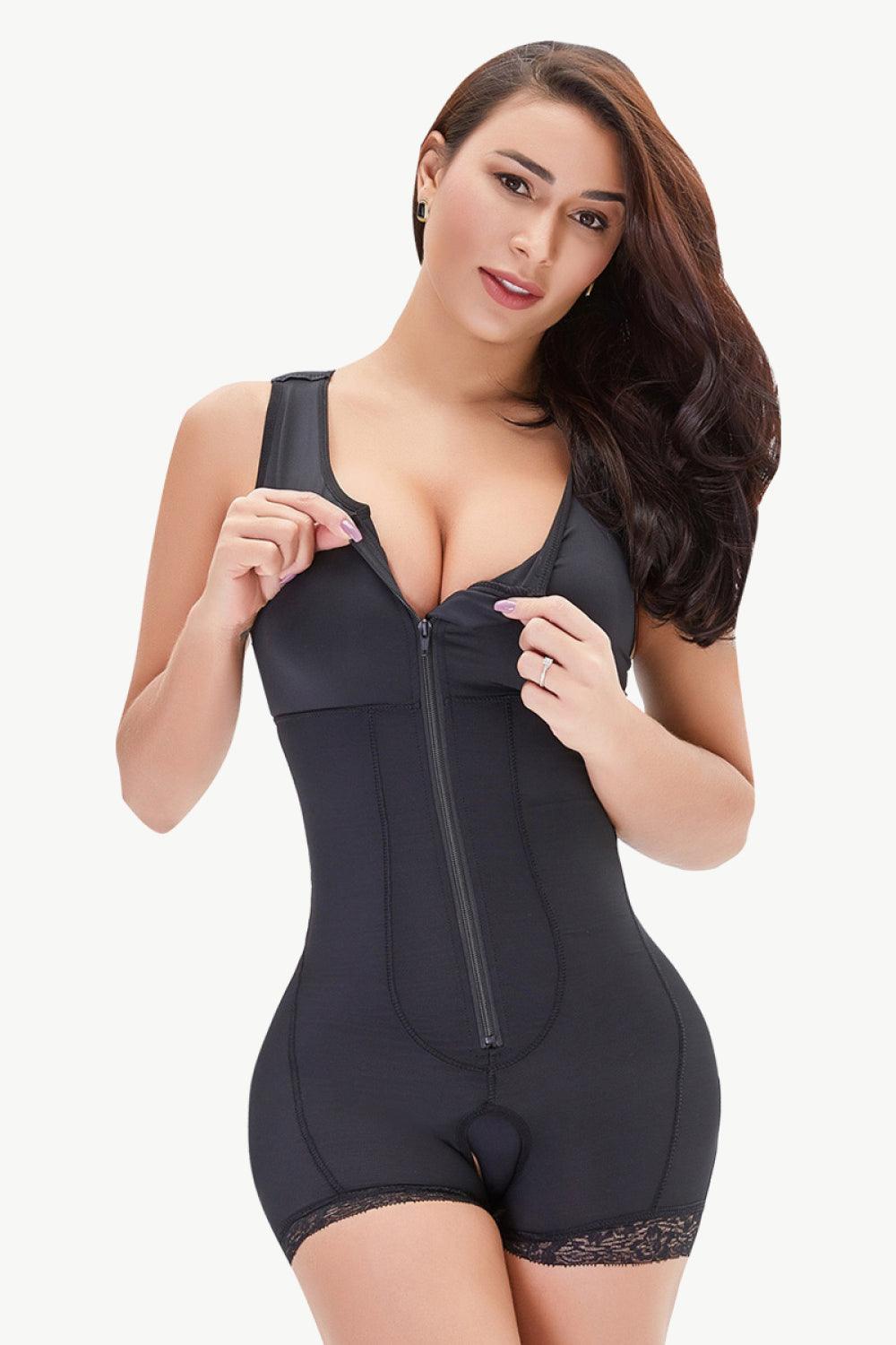 Full Size Zip-Up Scoop Neck Lace Trim Shapewear - Trendsi