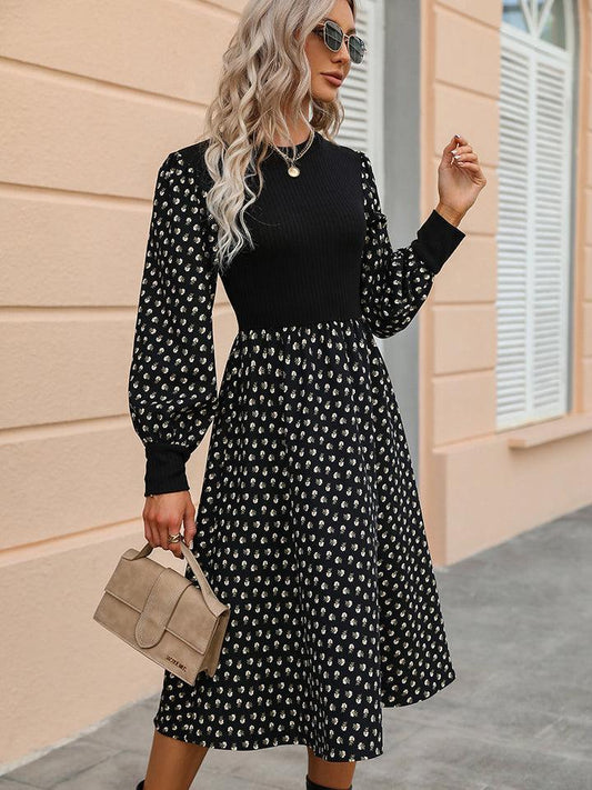 Printed Round Neck Long Sleeve Dress - Flyclothing LLC