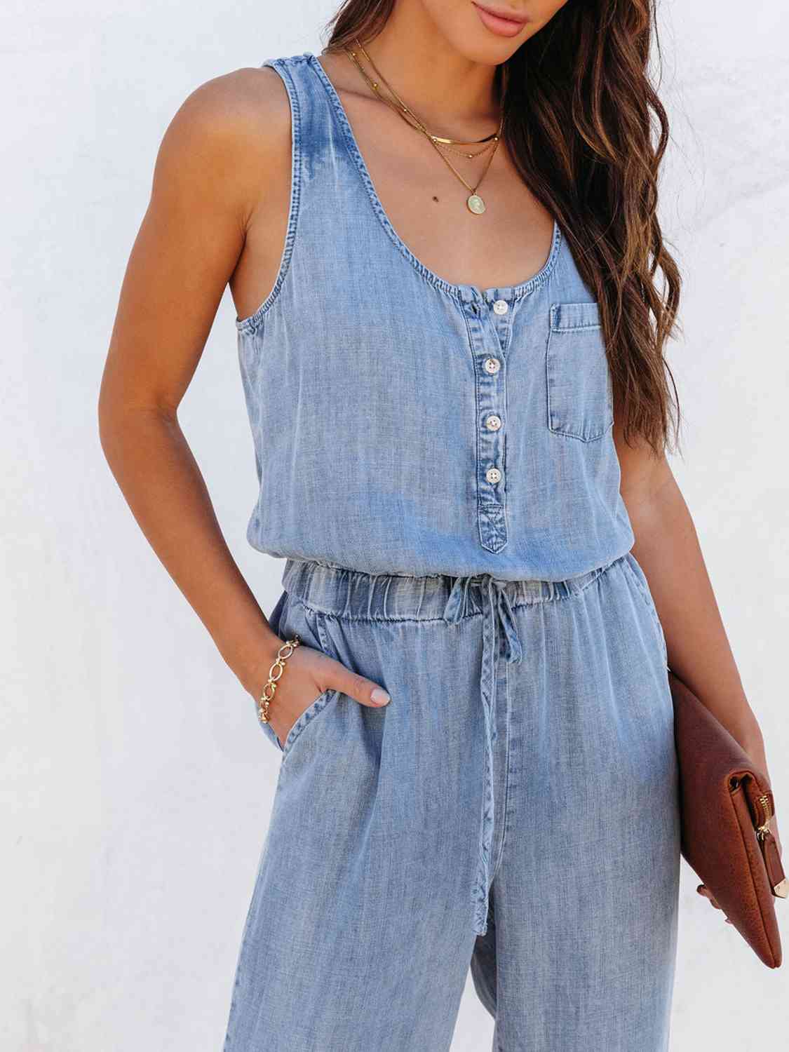 Drawstring Waist Sleeveless Jumpsuit - Flyclothing LLC