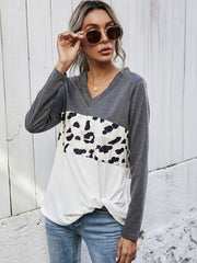 Leopard Color Block V-Neck Twisted Tee - Flyclothing LLC